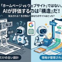 AI時代に淘汰されるサイトと生き残るサイトの違いを図解。左側は画像埋め込みテキストが多く生成AIに無視される綺麗なだけの古い設計。右側はHTMLタグで情報が整理され、AIに正しく評価・引用される構造重視の設計を対比しています。