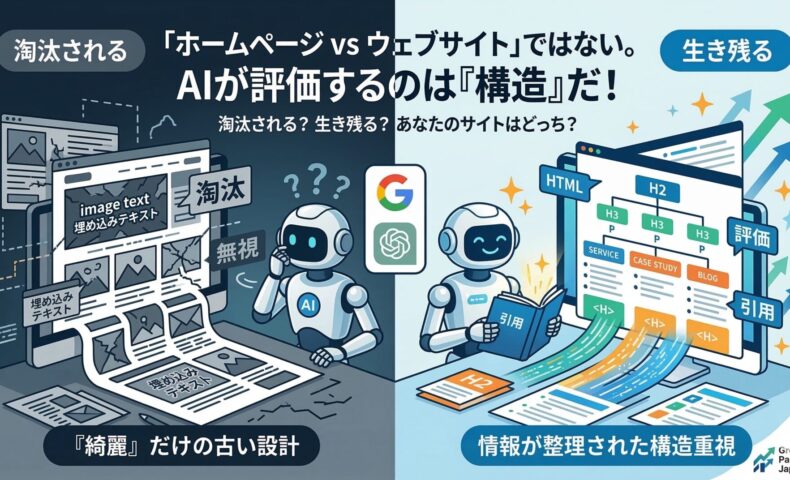AI時代に淘汰されるサイトと生き残るサイトの違いを図解。左側は画像埋め込みテキストが多く生成AIに無視される綺麗なだけの古い設計。右側はHTMLタグで情報が整理され、AIに正しく評価・引用される構造重視の設計を対比しています。