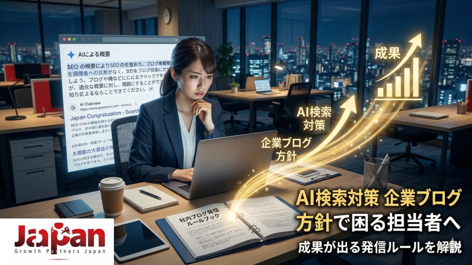 AI検索対策を踏まえた企業ブログ方針の重要性と、成果につながる発信ルール設計を表現したアイキャッチ画像