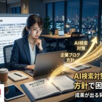AI検索対策を踏まえた企業ブログ方針の重要性と、成果につながる発信ルール設計を表現したアイキャッチ画像
