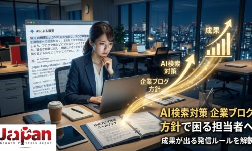 AI検索対策を踏まえた企業ブログ方針の重要性と、成果につながる発信ルール設計を表現したアイキャッチ画像