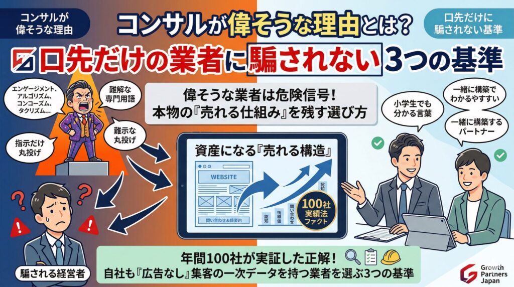 偉そうな態度で専門用語を並べる口先だけのコンサルタントと、分かりやすい言葉で共に「売れる構造」を構築する本物のパートナーを対比させた図解イラスト。業者に騙されない3つの基準を解説。