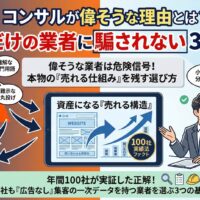 偉そうな態度で専門用語を並べる口先だけのコンサルタントと、分かりやすい言葉で共に「売れる構造」を構築する本物のパートナーを対比させた図解イラスト。業者に騙されない3つの基準を解説。