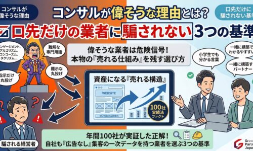 偉そうな態度で専門用語を並べる口先だけのコンサルタントと、分かりやすい言葉で共に「売れる構造」を構築する本物のパートナーを対比させた図解イラスト。業者に騙されない3つの基準を解説。