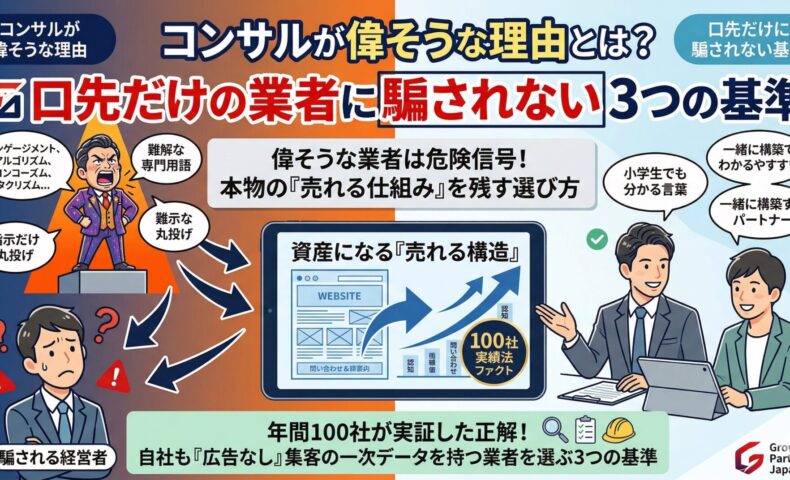 偉そうな態度で専門用語を並べる口先だけのコンサルタントと、分かりやすい言葉で共に「売れる構造」を構築する本物のパートナーを対比させた図解イラスト。業者に騙されない3つの基準を解説。