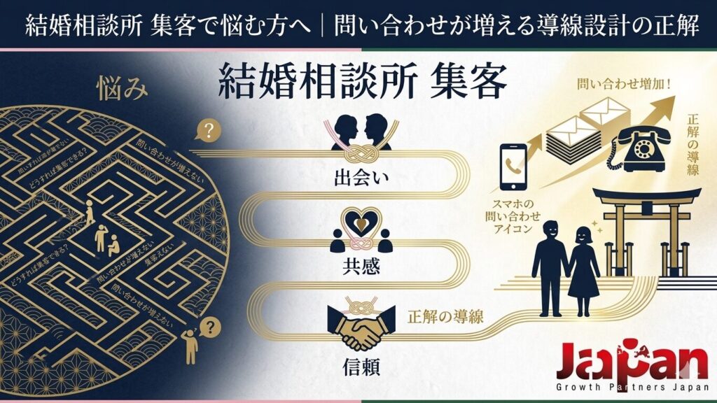 結婚相談所の集客で悩む事業者に向けて、問い合わせが増える導線設計の流れを迷路・出会い・共感・信頼の図解で表現したアイキャッチ画像
