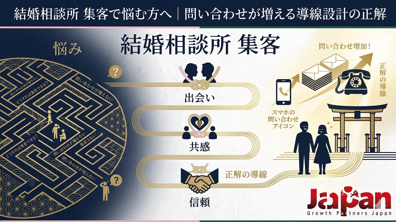 結婚相談所の集客で悩む事業者に向けて、問い合わせが増える導線設計の流れを迷路・出会い・共感・信頼の図解で表現したアイキャッチ画像