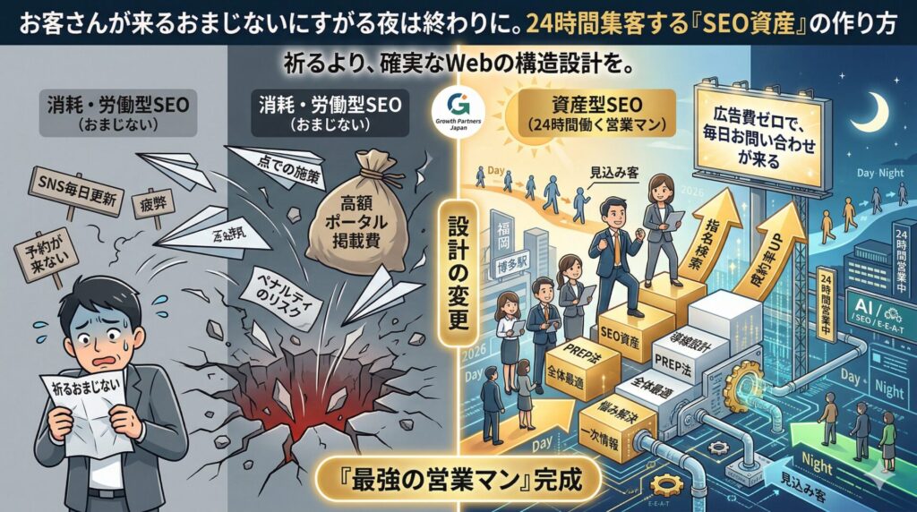 「お客さんが来るおまじない」を探してしまうほどの深い悩みに寄り添いつつ、消耗する「労働型SEO（左）」と、蓄積する「資産型SEO（右）」の比較インフォグラフィック。左側では暗い渦に「SNS毎日更新」「高額ポータル掲載費」を押し込み「ペナルティリスク」に震える様子。右側では「SEO資産」「導線設計」「PREP法」「全体最適」で築かれた「本物の資産」としての「Web不動産」が、24時間体制で見込み客を集め、広告費ゼロで毎日お問い合わせが来る仕組み（最強の営業マン完成）を福岡（博多駅）を背景に描写。