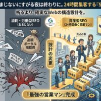 「お客さんが来るおまじない」を探してしまうほどの深い悩みに寄り添いつつ、消耗する「労働型SEO（左）」と、蓄積する「資産型SEO（右）」の比較インフォグラフィック。左側では暗い渦に「SNS毎日更新」「高額ポータル掲載費」を押し込み「ペナルティリスク」に震える様子。右側では「SEO資産」「導線設計」「PREP法」「全体最適」で築かれた「本物の資産」としての「Web不動産」が、24時間体制で見込み客を集め、広告費ゼロで毎日お問い合わせが来る仕組み（最強の営業マン完成）を福岡（博多駅）を背景に描写。
