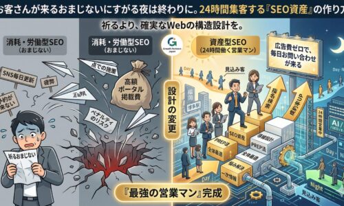 「お客さんが来るおまじない」を探してしまうほどの深い悩みに寄り添いつつ、消耗する「労働型SEO（左）」と、蓄積する「資産型SEO（右）」の比較インフォグラフィック。左側では暗い渦に「SNS毎日更新」「高額ポータル掲載費」を押し込み「ペナルティリスク」に震える様子。右側では「SEO資産」「導線設計」「PREP法」「全体最適」で築かれた「本物の資産」としての「Web不動産」が、24時間体制で見込み客を集め、広告費ゼロで毎日お問い合わせが来る仕組み（最強の営業マン完成）を福岡（博多駅）を背景に描写。