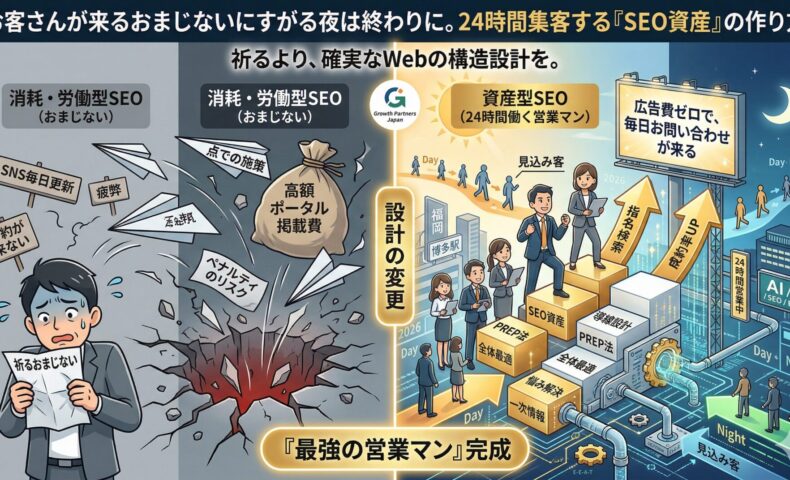 「お客さんが来るおまじない」を探してしまうほどの深い悩みに寄り添いつつ、消耗する「労働型SEO（左）」と、蓄積する「資産型SEO（右）」の比較インフォグラフィック。左側では暗い渦に「SNS毎日更新」「高額ポータル掲載費」を押し込み「ペナルティリスク」に震える様子。右側では「SEO資産」「導線設計」「PREP法」「全体最適」で築かれた「本物の資産」としての「Web不動産」が、24時間体制で見込み客を集め、広告費ゼロで毎日お問い合わせが来る仕組み（最強の営業マン完成）を福岡（博多駅）を背景に描写。