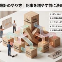 内部リンク設計のやり方を、柱記事とクラスタ記事の関係図と手順一覧で表現し、記事を増やす前に決めるべき順番を示したアイキャッチ画像