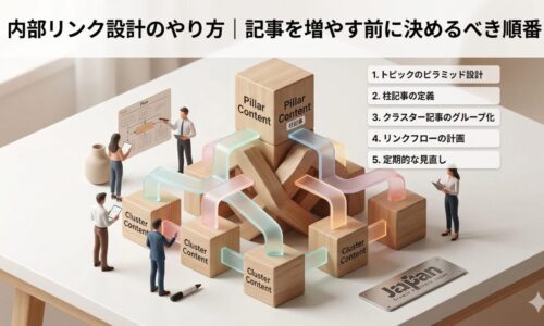 内部リンク設計のやり方を、柱記事とクラスタ記事の関係図と手順一覧で表現し、記事を増やす前に決めるべき順番を示したアイキャッチ画像