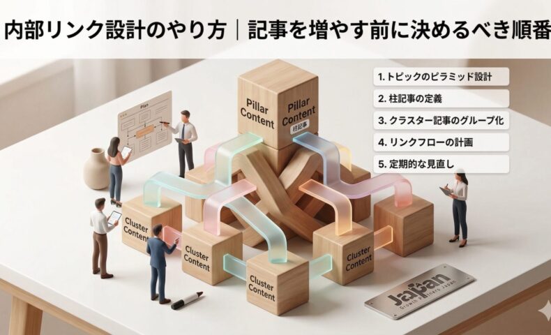 内部リンク設計のやり方を、柱記事とクラスタ記事の関係図と手順一覧で表現し、記事を増やす前に決めるべき順番を示したアイキャッチ画像