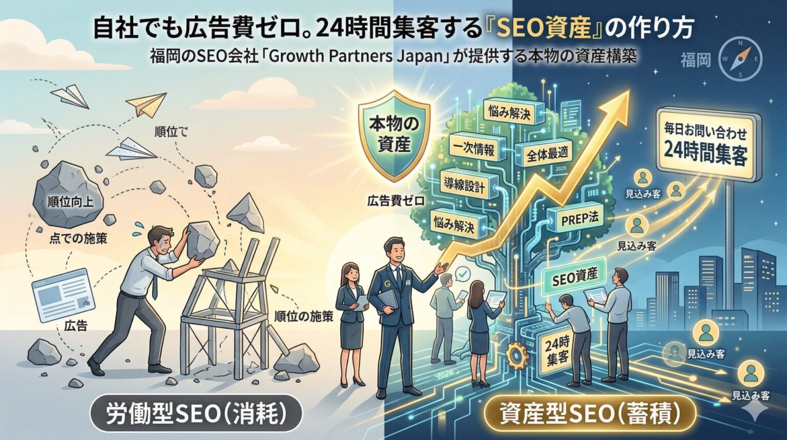福岡のSEO会社Growth Partners Japanが提供する、労働型SEO（消耗）から資産型SEO（蓄積）への転換を図解したWordPress用アイキャッチ画像。左側の不安定な「点での施策」と「労働型SEO」に対し、右側では「全体最適」「導線設計」「PREP法」で「本物の資産」としての「SEO資産」を築き、広告費ゼロで24時間安定して見込み客から毎日お問い合わせが来る仕組みを表現。