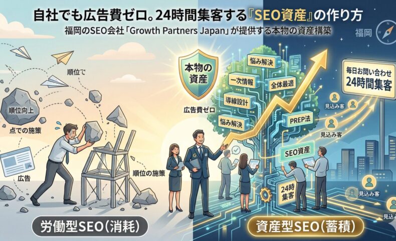 福岡のSEO会社Growth Partners Japanが提供する、労働型SEO（消耗）から資産型SEO（蓄積）への転換を図解したWordPress用アイキャッチ画像。左側の不安定な「点での施策」と「労働型SEO」に対し、右側では「全体最適」「導線設計」「PREP法」で「本物の資産」としての「SEO資産」を築き、広告費ゼロで24時間安定して見込み客から毎日お問い合わせが来る仕組みを表現。