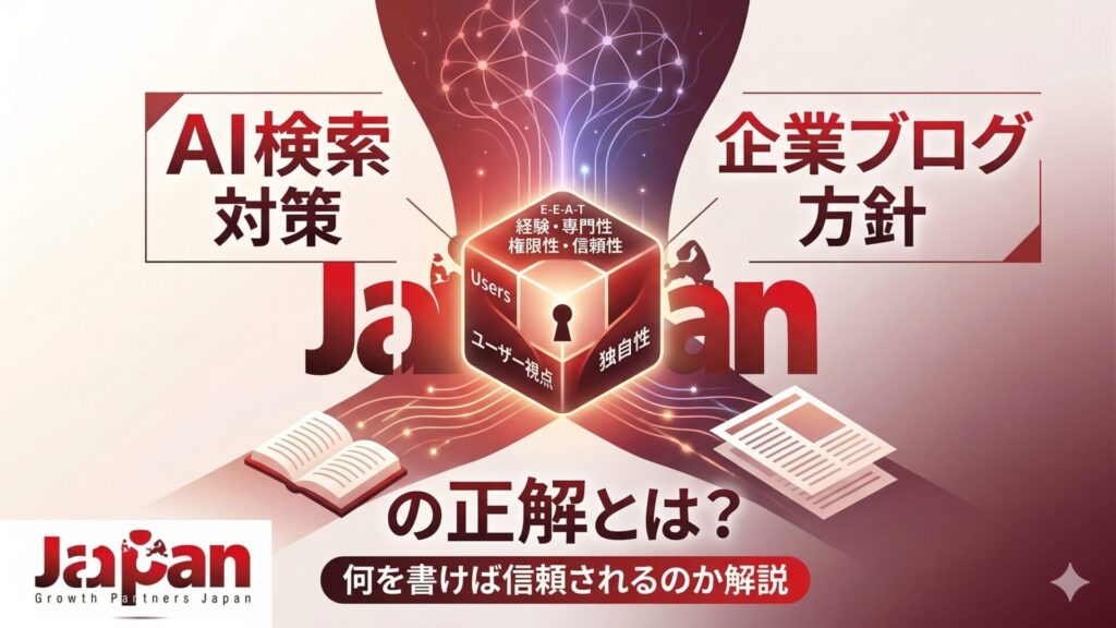 AI検索対策と企業ブログ方針の正解を、E-E-A-T・ユーザー視点・独自性を軸に表現したアイキャッチ画像