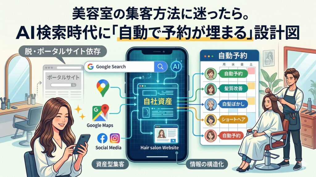 美容室 集客方法における、ポータルサイト依存（暗い画面）から自社メディア（輝くスマホ）への転換を図解した設計図。Google検索、AI、SNS、Googleマップを「自社資産（Hair salon Website）」へ集約し、情報の構造化を行うことで、右側の「自動予約」カレンダー（髪質改善、白髪ぼかし、ショートヘア等）が自動的に埋まる仕組みを描いています。下部には「資産型集客」「情報の構造化」のキーワードが含まれます。
