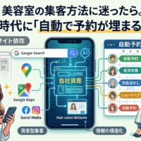 美容室 集客方法における、ポータルサイト依存(暗い画面)から自社メディア(輝くスマホ)への転換を図解した設計図。Google検索、AI、SNS、Googleマップを「自社資産(Hair salon Website)」へ集約し、情報の構造化を行うことで、右側の「自動予約」カレンダー(髪質改善、白髪ぼかし、ショートヘア等)が自動的に埋まる仕組みを描いています。下部には「資産型集客」「情報の構造化」のキーワードが含まれます。