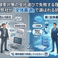 AI検索対策の会社選びにおける失敗と成功の構造を対比した図解。左側は「キーワード詰め込み」や「薄い記事量産」といった点の施策（古いSEO）で資産を食いつぶし疲弊する様子。右側は「一次情報」や「TOFU・MOFU・BOFU」の階層を用いて面（全体最適）で資産化し、売上に直結させる本質的なAEO/AIOの設計。下部にはGrowth Partners Japanの無料相談への案内が配置されています。