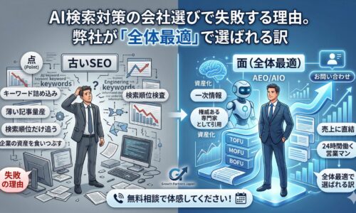 AI検索対策の会社選びにおける失敗と成功の構造を対比した図解。左側は「キーワード詰め込み」や「薄い記事量産」といった点の施策（古いSEO）で資産を食いつぶし疲弊する様子。右側は「一次情報」や「TOFU・MOFU・BOFU」の階層を用いて面（全体最適）で資産化し、売上に直結させる本質的なAEO/AIOの設計。下部にはGrowth Partners Japanの無料相談への案内が配置されています。