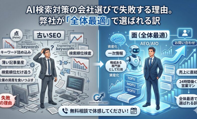 AI検索対策の会社選びにおける失敗と成功の構造を対比した図解。左側は「キーワード詰め込み」や「薄い記事量産」といった点の施策（古いSEO）で資産を食いつぶし疲弊する様子。右側は「一次情報」や「TOFU・MOFU・BOFU」の階層を用いて面（全体最適）で資産化し、売上に直結させる本質的なAEO/AIOの設計。下部にはGrowth Partners Japanの無料相談への案内が配置されています。