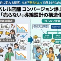 属人的な売り込みで客離れが起きる古いアパレル接客と、WebデータやPOPを活用した「サイレント接客」で売上が伸びる新しい構造化を対比させた図解イラスト。