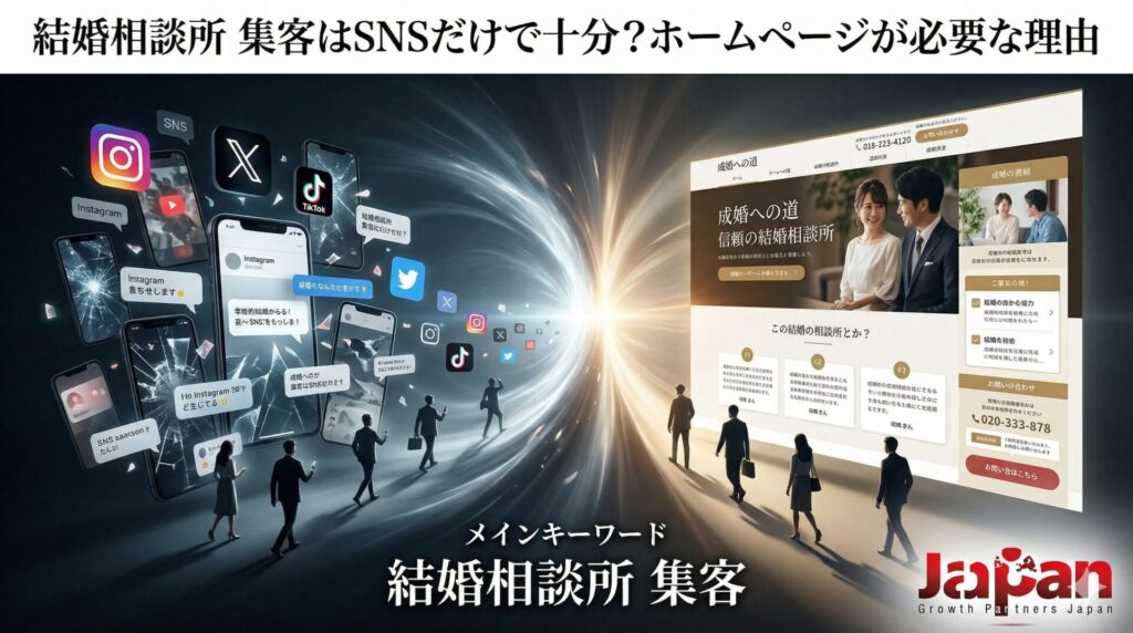 結婚相談所の集客において、SNS集客だけでは不十分でホームページが信頼形成に必要であることを表現したアイキャッチ画像