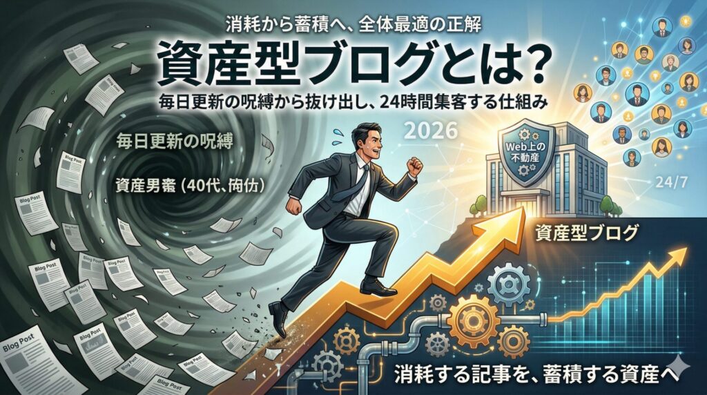 資産型ブログとは？毎日更新の呪縛から抜け出し、24時間集客する仕組みの記事用アイキャッチ画像。左側では、日記や一時的なトレンドなどの労働型発信（フロー型）により、書くのをやめた瞬間に集客が止まる「消耗」の状態をネガティブな渦で表現。右側では、お客様の普遍的な悩みを網羅的に解決する記事を論理的な構造で整理整頓し、GoogleやAI検索に評価され続ける「蓄積」の状態をポジティブなビルと成長曲線で表現。点の発信を線の導線へ変える「全体最適」の正解を図解しています。日本語の記事タイトルテキストが含まれています。
