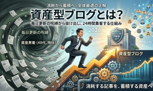資産型ブログとは？毎日更新の呪縛から抜け出し、24時間集客する仕組みの記事用アイキャッチ画像。左側では、日記や一時的なトレンドなどの労働型発信（フロー型）により、書くのをやめた瞬間に集客が止まる「消耗」の状態をネガティブな渦で表現。右側では、お客様の普遍的な悩みを網羅的に解決する記事を論理的な構造で整理整頓し、GoogleやAI検索に評価され続ける「蓄積」の状態をポジティブなビルと成長曲線で表現。点の発信を線の導線へ変える「全体最適」の正解を図解しています。日本語の記事タイトルテキストが含まれています。