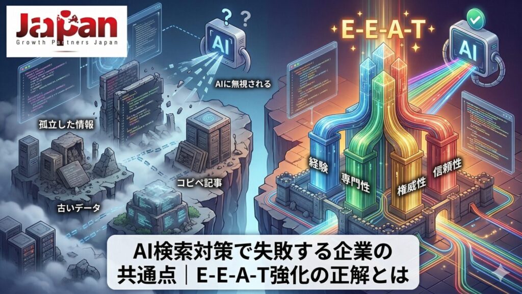 AI検索対策で失敗する企業と、E-E-A-T強化で信頼性を高める企業の違いを対比で表現したアイキャッチ画像
