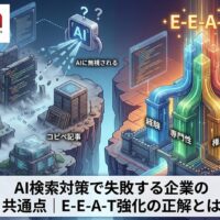 AI検索対策で失敗する企業と、E-E-A-T強化で信頼性を高める企業の違いを対比で表現したアイキャッチ画像