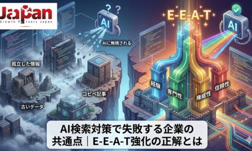 AI検索対策で失敗する企業と、E-E-A-T強化で信頼性を高める企業の違いを対比で表現したアイキャッチ画像