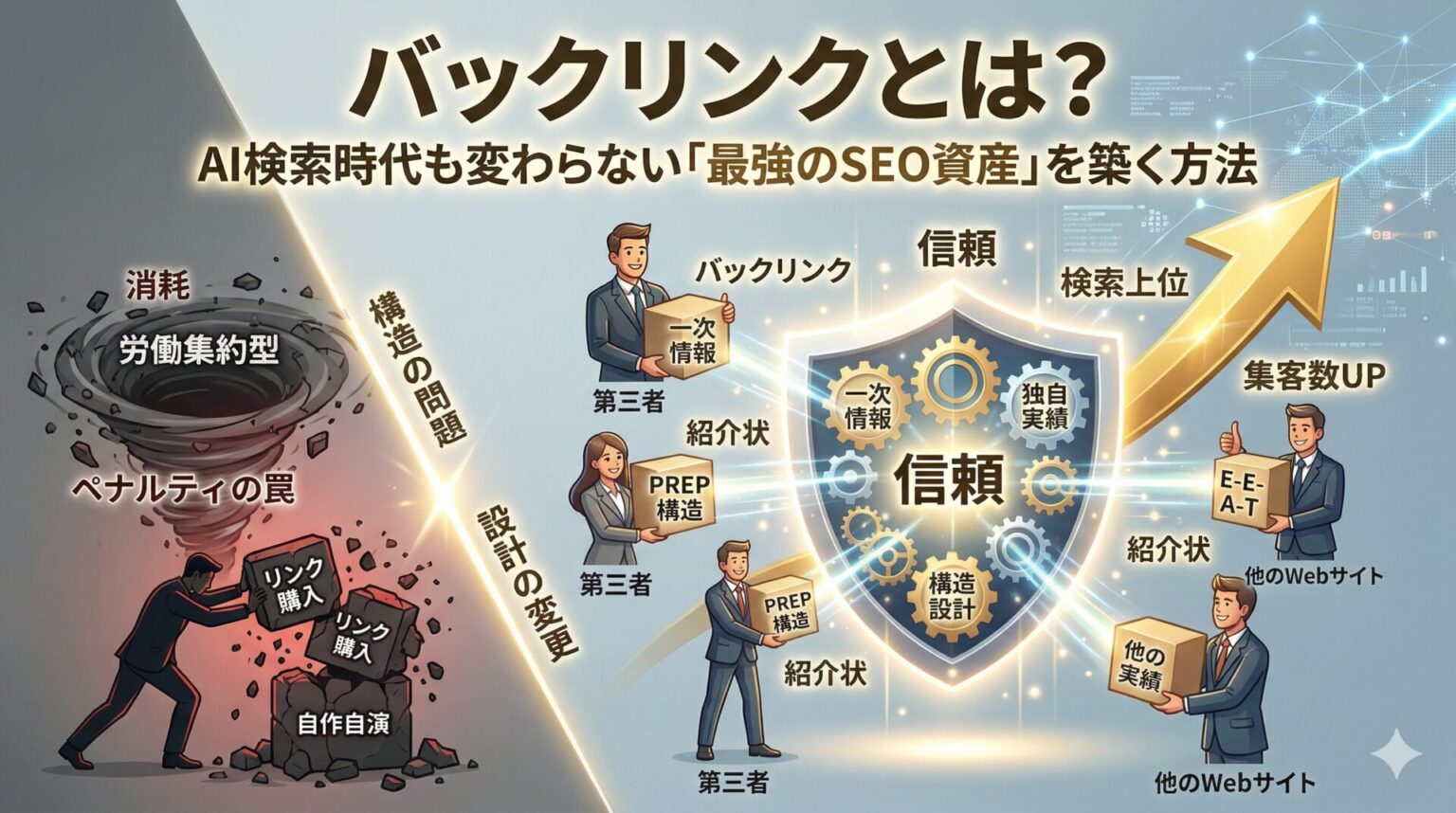 バックリンク（被リンク）対策における、消耗する「労働集約型・ペナルティリスク」（左）と、蓄積する「資産型・信頼構築」（右）の比較インフォグラフィック。左側では暗い渦に「リンク購入」「自作自演」を押し込む様子。右側では「第三者」や「他のWebサイト」から「一次情報」「独自実績」「PREP構造」「E-E-A-T」のブロックを受け取り、輝く「信頼」の盾を築く様子を描写。ブロックを繋ぐ線には「バックリンク」「紹介状」のラベル。全体として「検索上位」「集客数UP」への道筋を示している。