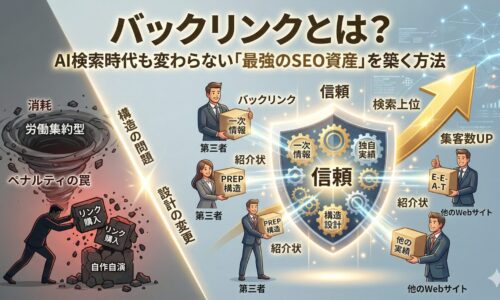 バックリンク（被リンク）対策における、消耗する「労働集約型・ペナルティリスク」（左）と、蓄積する「資産型・信頼構築」（右）の比較インフォグラフィック。左側では暗い渦に「リンク購入」「自作自演」を押し込む様子。右側では「第三者」や「他のWebサイト」から「一次情報」「独自実績」「PREP構造」「E-E-A-T」のブロックを受け取り、輝く「信頼」の盾を築く様子を描写。ブロックを繋ぐ線には「バックリンク」「紹介状」のラベル。全体として「検索上位」「集客数UP」への道筋を示している。