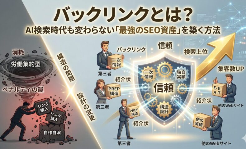 バックリンク（被リンク）対策における、消耗する「労働集約型・ペナルティリスク」（左）と、蓄積する「資産型・信頼構築」（右）の比較インフォグラフィック。左側では暗い渦に「リンク購入」「自作自演」を押し込む様子。右側では「第三者」や「他のWebサイト」から「一次情報」「独自実績」「PREP構造」「E-E-A-T」のブロックを受け取り、輝く「信頼」の盾を築く様子を描写。ブロックを繋ぐ線には「バックリンク」「紹介状」のラベル。全体として「検索上位」「集客数UP」への道筋を示している。