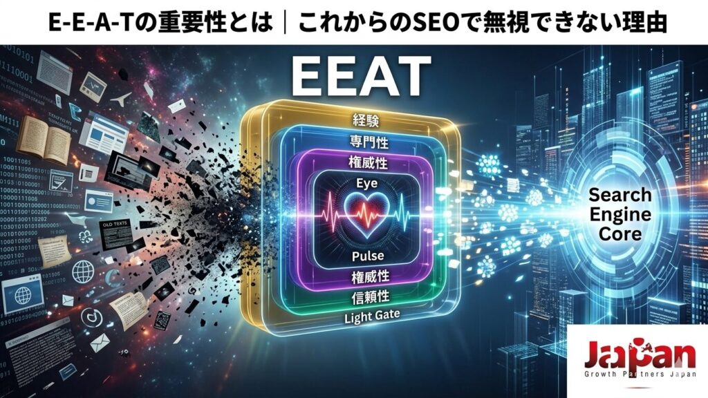E-E-A-Tの重要性と、経験・専門性・権威性・信頼性がSEOや検索評価に与える影響を視覚的に表現したアイキャッチ画像