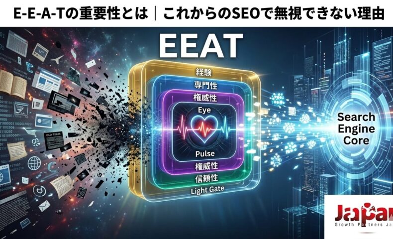 E-E-A-Tの重要性と、経験・専門性・権威性・信頼性がSEOや検索評価に与える影響を視覚的に表現したアイキャッチ画像