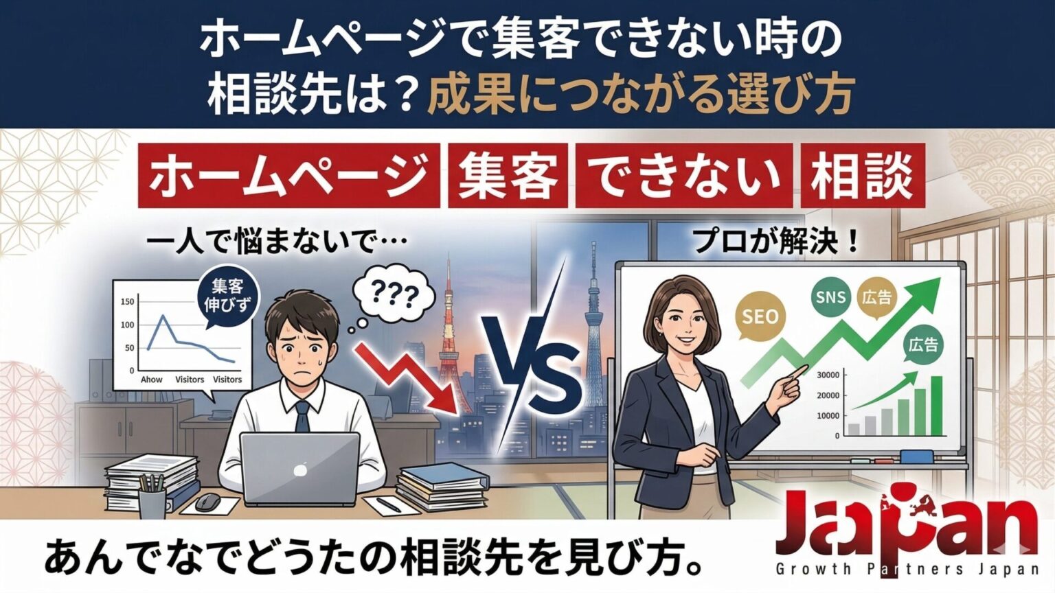 ホームページで集客できず悩む事業主と、成果につながる相談先の選び方を提案するコンサルタントを描いたアイキャッチ画像