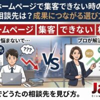 ホームページで集客できず悩む事業主と、成果につながる相談先の選び方を提案するコンサルタントを描いたアイキャッチ画像