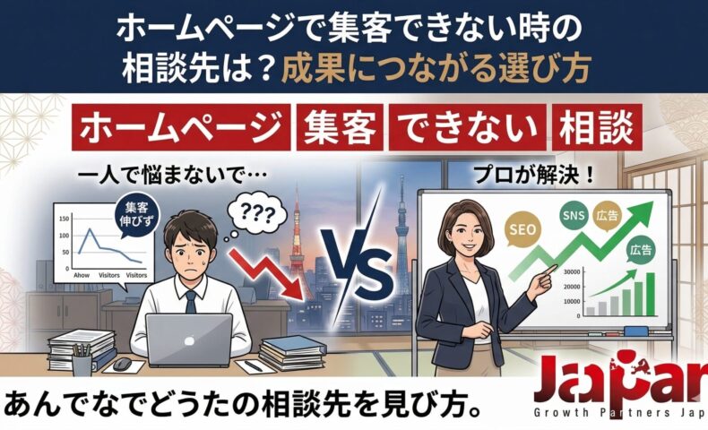 ホームページで集客できず悩む事業主と、成果につながる相談先の選び方を提案するコンサルタントを描いたアイキャッチ画像