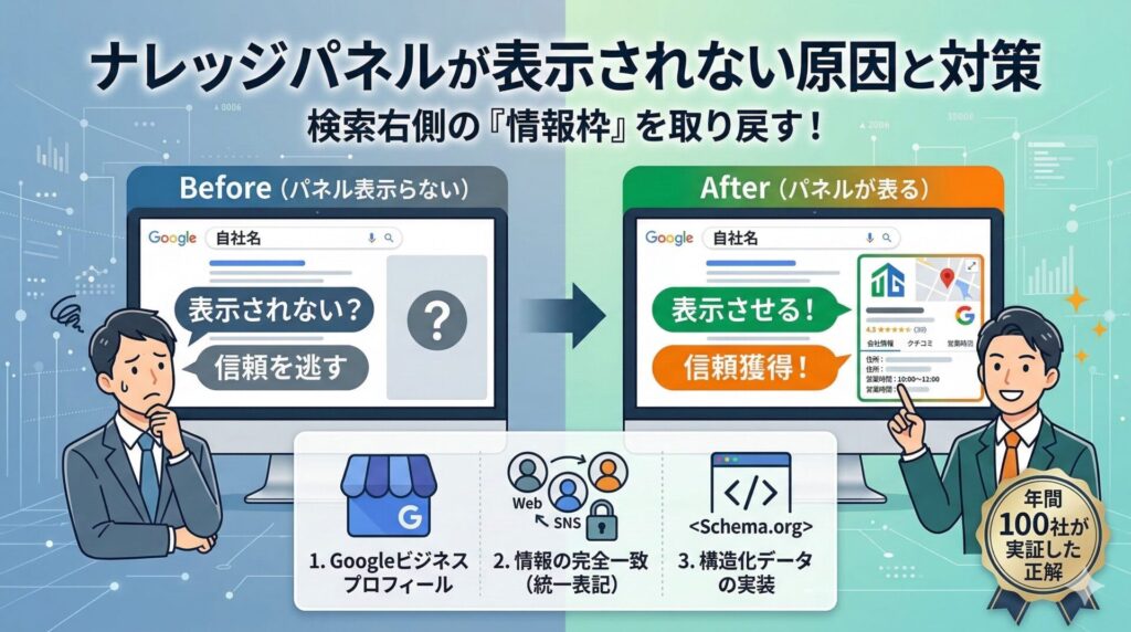 ナレッジパネルが表示されない原因と対策を図解。左側は検索結果の右側に情報枠が出ず信頼を逃す状態。右側はGoogleビジネスプロフィールの活用、情報の完全一致、構造化データの実装を行うことでパネルを表示させ、信頼を獲得する正解のステップを対比しています。