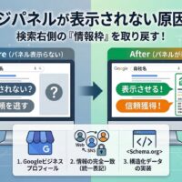ナレッジパネルが表示されない原因と対策を図解。左側は検索結果の右側に情報枠が出ず信頼を逃す状態。右側はGoogleビジネスプロフィールの活用、情報の完全一致、構造化データの実装を行うことでパネルを表示させ、信頼を獲得する正解のステップを対比しています。