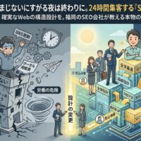 福岡のSEO会社Growth Partners Japanが提供する「全体最適」による集客資産構築を図解したアイキャッチ画像。左側は、おまじない、SNS毎日更新、広告、ポータル依存で消耗し「ペナルティリスク」に震える労働型施策を描写。右側は、強固な「SEO資産」としてのWeb不動産が、PREP法や導線設計、全体最適に基づき、広告費ゼロで24時間体制で見込み客を集め続ける（毎日お問い合わせ）成功イメージを描いています。