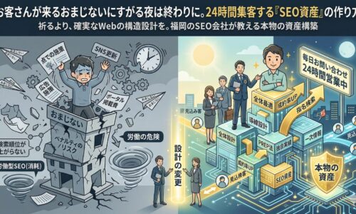 福岡のSEO会社Growth Partners Japanが提供する「全体最適」による集客資産構築を図解したアイキャッチ画像。左側は、おまじない、SNS毎日更新、広告、ポータル依存で消耗し「ペナルティリスク」に震える労働型施策を描写。右側は、強固な「SEO資産」としてのWeb不動産が、PREP法や導線設計、全体最適に基づき、広告費ゼロで24時間体制で見込み客を集め続ける（毎日お問い合わせ）成功イメージを描いています。