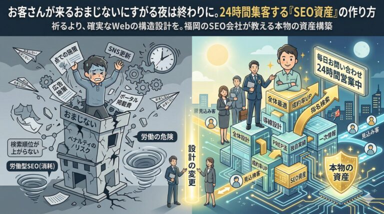 福岡のSEO会社Growth Partners Japanが提供する「全体最適」による集客資産構築を図解したアイキャッチ画像。左側は、おまじない、SNS毎日更新、広告、ポータル依存で消耗し「ペナルティリスク」に震える労働型施策を描写。右側は、強固な「SEO資産」としてのWeb不動産が、PREP法や導線設計、全体最適に基づき、広告費ゼロで24時間体制で見込み客を集め続ける（毎日お問い合わせ）成功イメージを描いています。