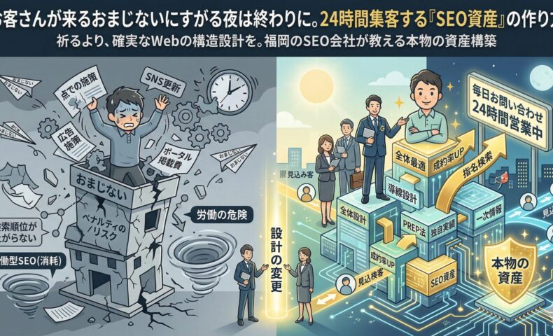 福岡のSEO会社Growth Partners Japanが提供する「全体最適」による集客資産構築を図解したアイキャッチ画像。左側は、おまじない、SNS毎日更新、広告、ポータル依存で消耗し「ペナルティリスク」に震える労働型施策を描写。右側は、強固な「SEO資産」としてのWeb不動産が、PREP法や導線設計、全体最適に基づき、広告費ゼロで24時間体制で見込み客を集め続ける（毎日お問い合わせ）成功イメージを描いています。