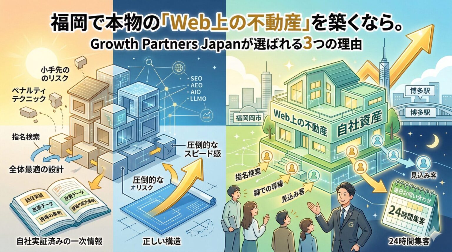 代替テキスト（Alt Text） 福岡のSEO会社Growth Partners Japanが提供する「Web上の不動産（自社資産）」構築の仕組みを図解したインフォグラフィック。左側は小手先のテクニックやペナルティのリスクを排し、自社実証済みの一次情報と全体最適の設計（正しい構造）で土台を作る様子。右側は福岡市（博多駅）を背景に、強固に構築されたWeb上の不動産が「線での導線」を通じて、24時間体制で見込み客を集め続ける（毎日お問い合わせ）仕組みを描いています。