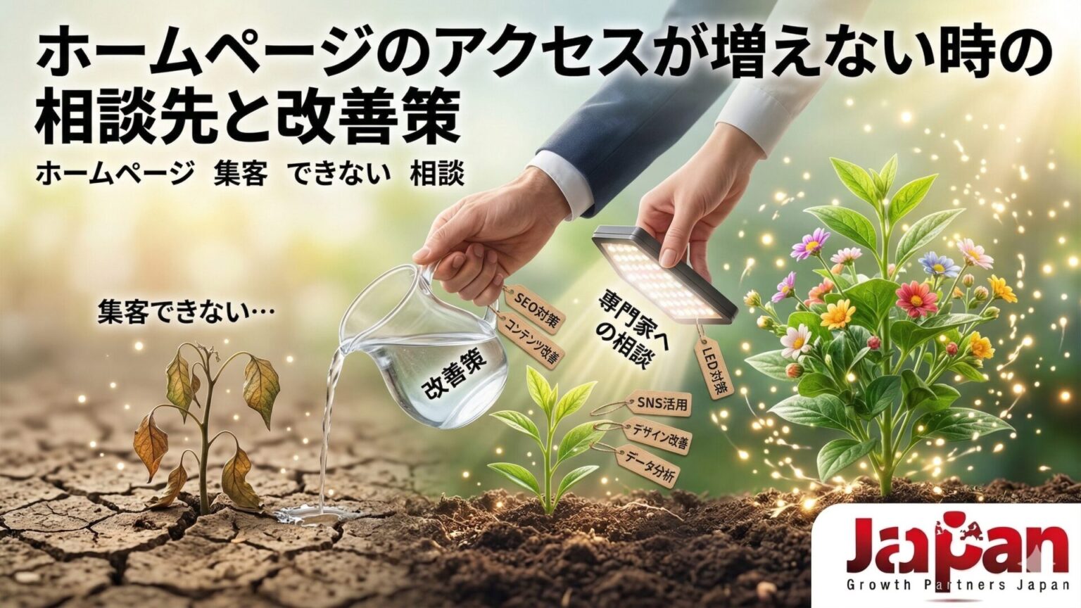 ホームページのアクセスが増えず枯れた植物のような状態から、専門家への相談とSEO対策・SNS活用・データ分析・デザイン改善によって成長していく様子を表したアイキャッチ画像