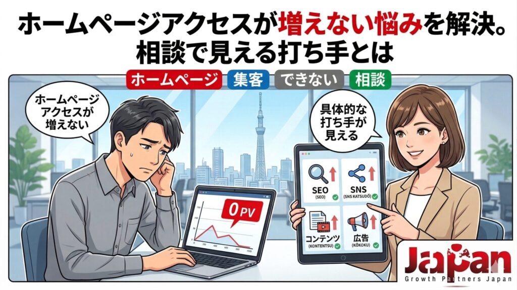 ホームページアクセスが増えず悩む事業主が、相談を通じてSEO・SNS・コンテンツ・広告の打ち手を整理しているアイキャッチ画像